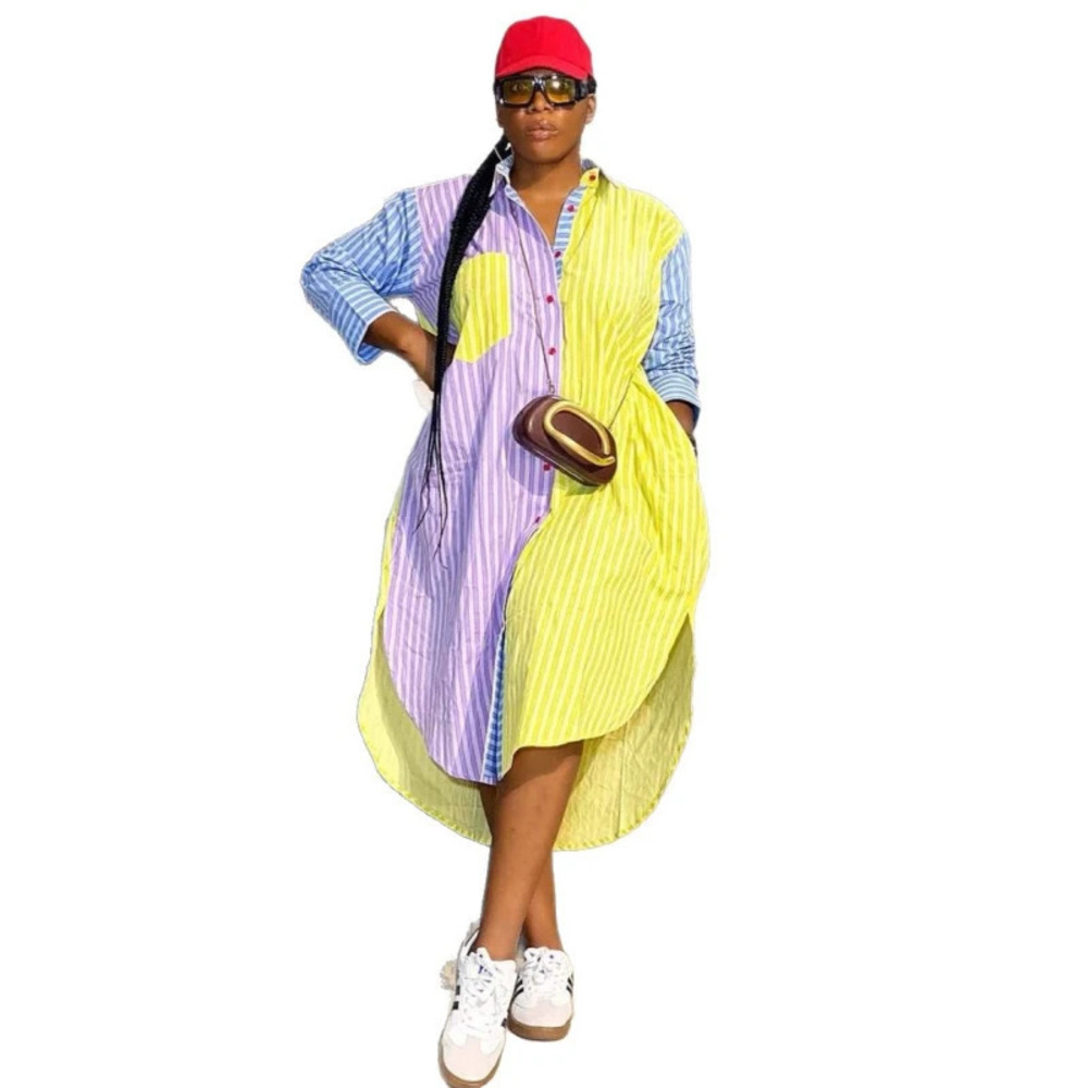 ZARA Plus Size Striped Patchwork African Cardigan Dress Long Sleeve Stand Collar